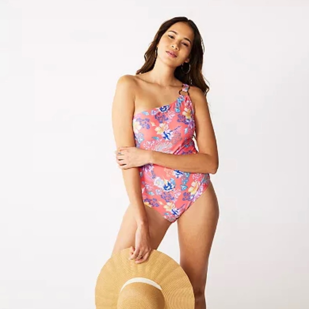 Nine West Coral Floral Shell Pattern One Shoulder One Piece Swimsuit XL NWT
